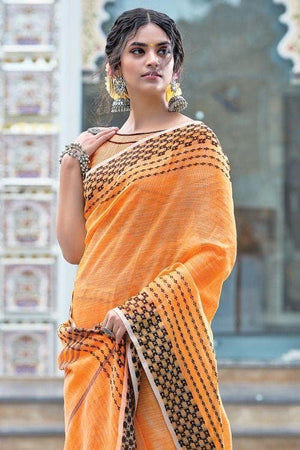 Cantalope Orange Linen Blend Saree