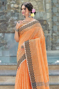 Cantalope Orange Linen Blend Saree linen saree images