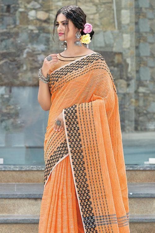 Cantalope Orange Linen Blend Saree linen saree images