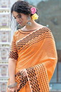 Cantalope Orange Linen Blend Saree linen fabric