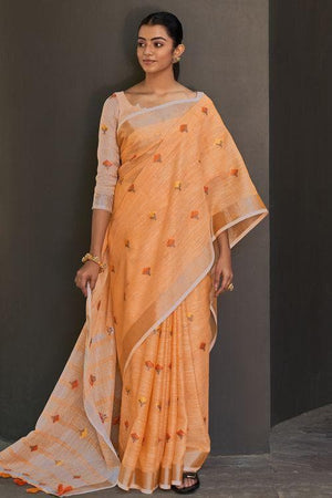 Cantaloupe Orange Linen Blend Saree