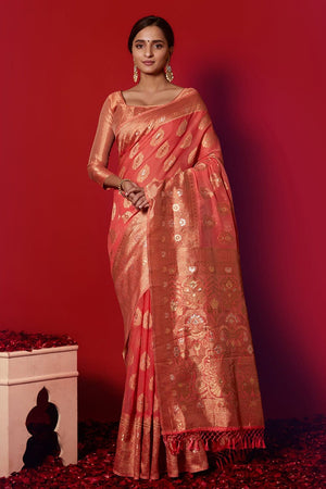Carnation Peach Linen Blend Saree