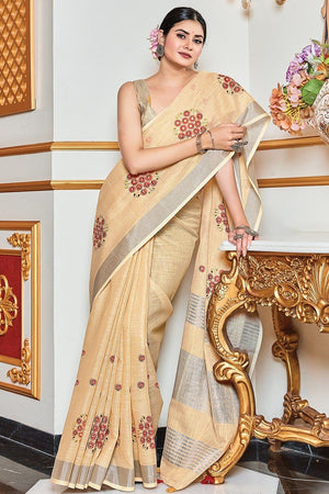 Champagne Cream Linen Blend Saree