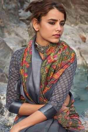 Charcoal Grey Floral Printed Linen Blend Saree