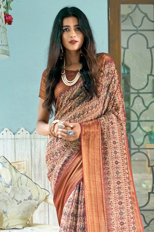 Chestnut Brown Digital Printed Linen Blend Saree Linen Saree Chestnut Brown Digital Printed Linen Saree saree online