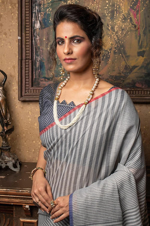 Cloudy Grey Linen Blend Saree