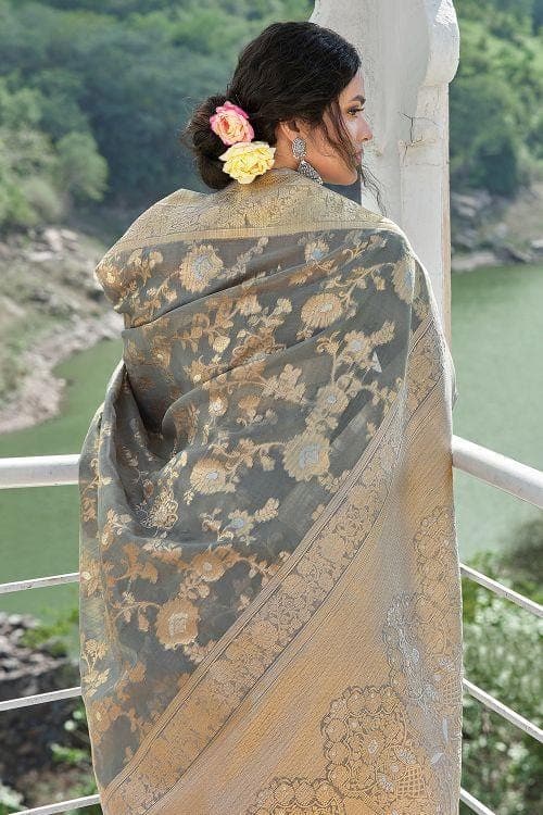 Concrete Grey Linen Blend Saree linen saree blouse designs