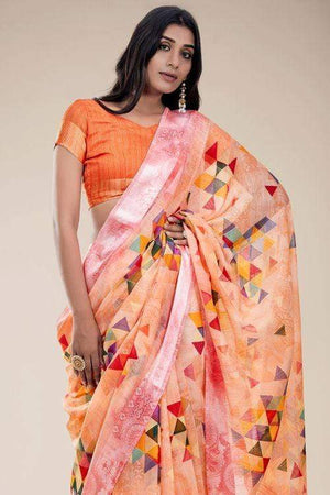 Coral Orange Linen Blend Saree