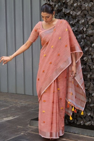 Coral Pink Linen Blend Saree