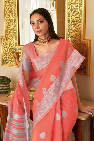 Coral Red Linen Blend Saree