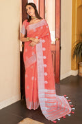 Coral Red Linen Blend Saree linen saree with price