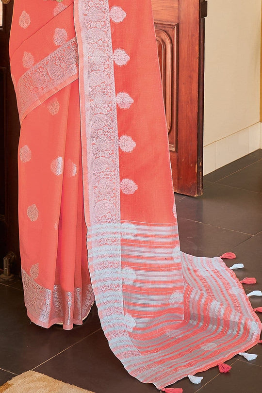 Coral Red Linen Blend Saree linen saree online