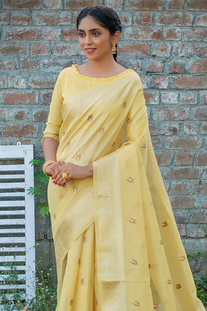 Corn Yellow Tissue Linen Blend Saree