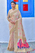 Cream Brown Linen Blend Saree linen saree images