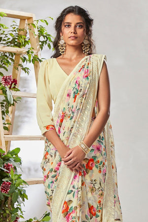 Linen Saree Cream Floral Print Linen Saree saree online
