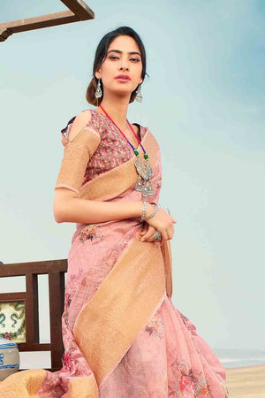 Crepe Pink Digital Printed Linen Saree