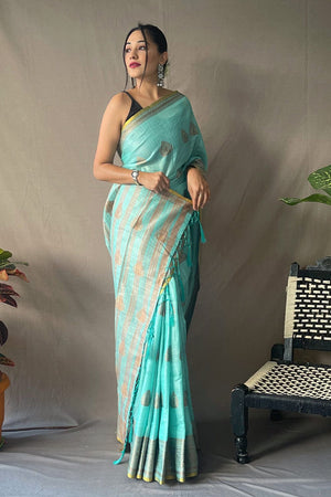 Cyan Blue Linen Saree