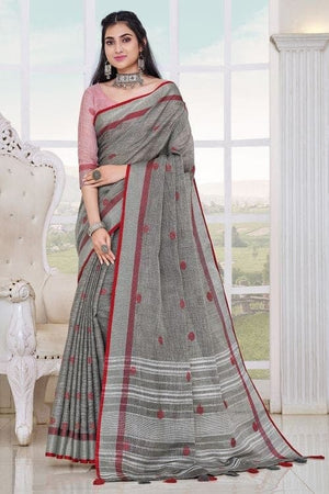 Dark Grey Linen Blend Saree