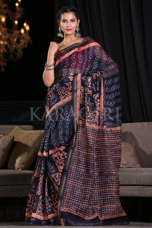 Dark Sky Blue Linen Blend Saree