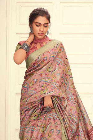 Digital Print Crepe Pink Linen Saree