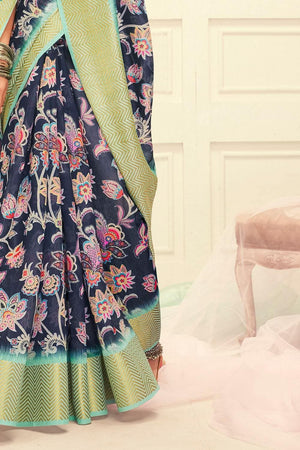 Linen Saree Digital Print Space Blue Linen Saree saree online