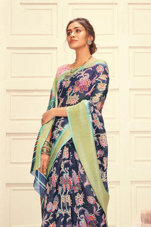 Linen Saree Digital Print Space Blue Linen Saree saree online