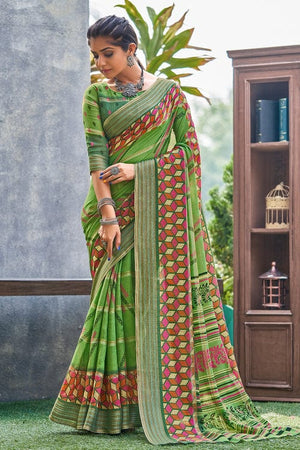 green linen saree