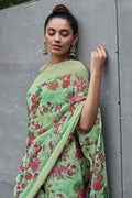 Fern Green Printed Linen Blend Saree Linen Saree Fern Green Printed Linen Saree saree online