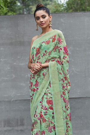 Fern Green Printed Linen Blend Saree