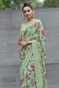 Fern Green Printed Linen Blend Saree Linen Saree Fern Green Printed Linen Saree saree online