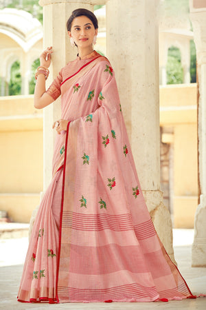 Flamingo Pink Linen Blend Saree
