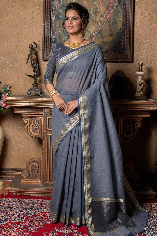 Flint Grey Plain Linen Blend Saree Flint Grey Plain Linen Blend Saree