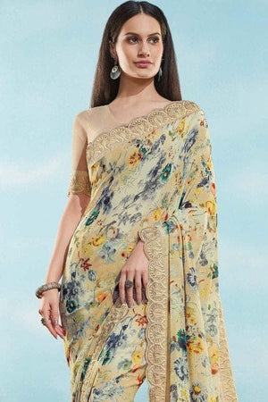 Floral Print Linen Blend Saree