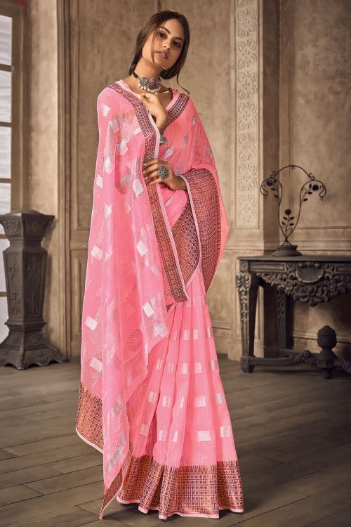 French Pink Linen Blend Saree linen