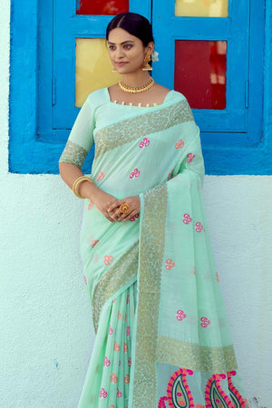 Glacial Green Linen Blend Saree
