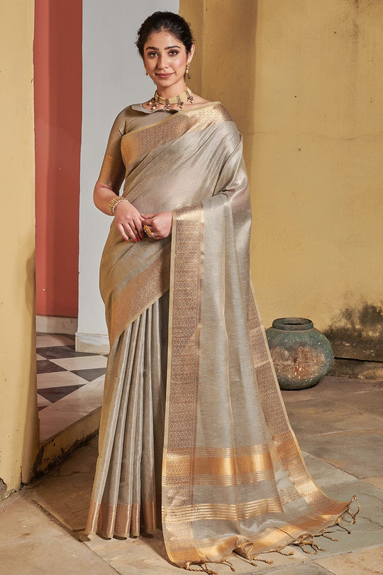 Tan Grey Tissue Linen Blend Saree grey linen saree