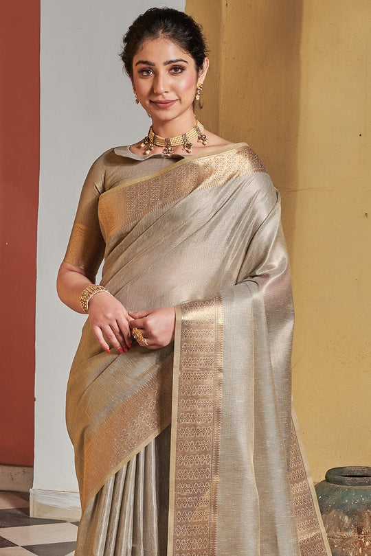 Tan Grey Tissue Linen Blend Saree fancy saree