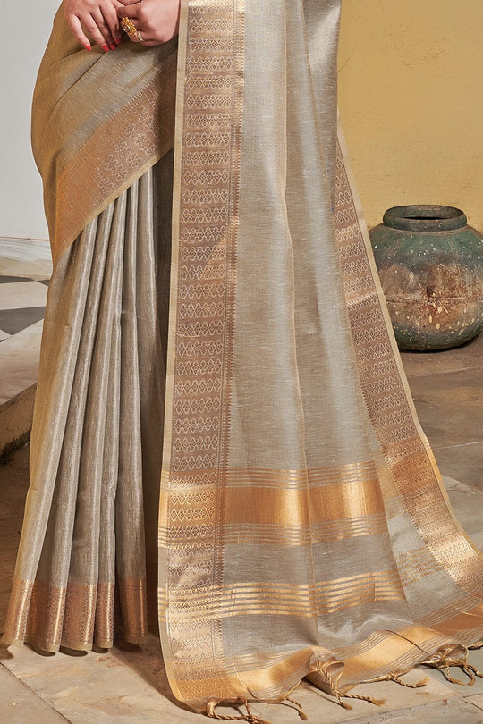 Tan Grey Tissue Linen Blend Saree sarees for women