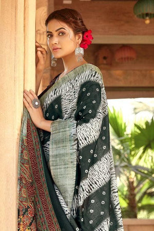 Grey And Black Printed Linen Blend Saree
