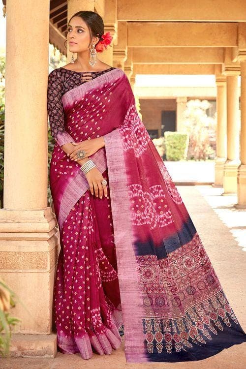 Hibiscus Red Printed Linen Blend Saree Linen Saree Hibiscus Red Printed Linen Saree saree online