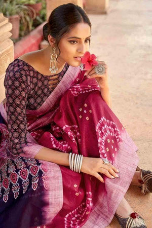 Hibiscus Red Printed Linen Blend Saree