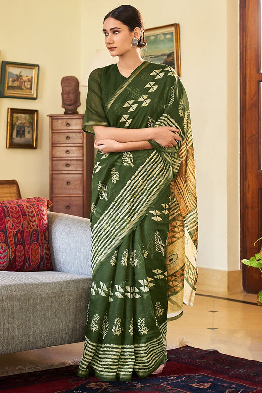 Hunter Green Linen Blend Saree linen saree