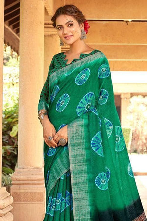 Hunter Green Printed Linen Blend Saree