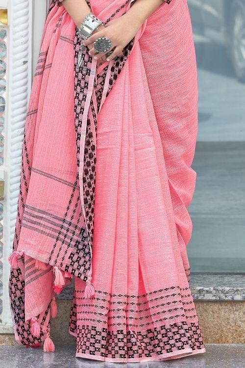 Illusion Pink Linen Blend Saree linen