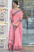 Illusion Pink Linen Blend Saree linen fabric