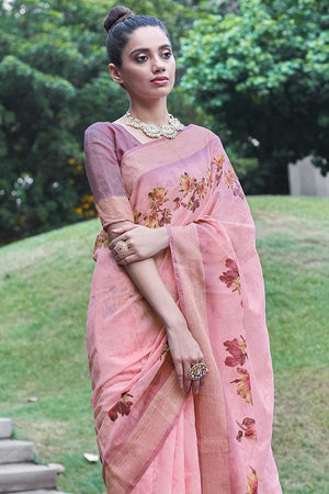 Illusion Pink Printed Linen Blend Saree