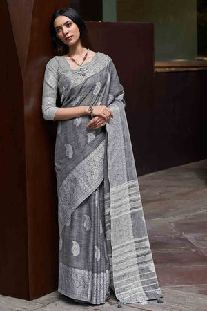 Iron Grey Linen Blend Saree
