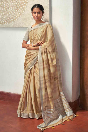 Ivory Brown Linen Blend Saree