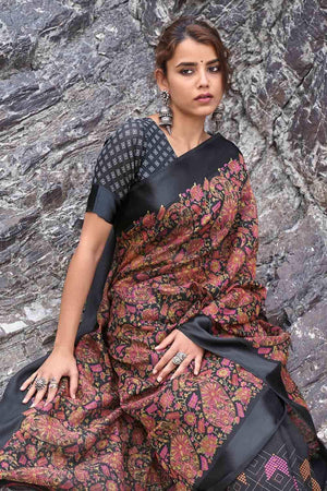 Jade Black Floral Printed Linen Blend Saree