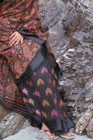 Jade Black Floral Printed Linen Blend Saree